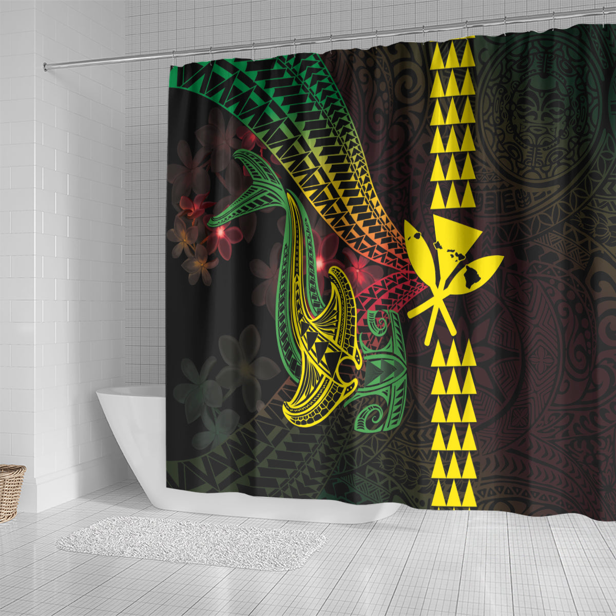 Hawaii Kakau Hammerhead Shark Shower Curtain Neon Plumeria Pattern LT01 - Polynesian Pride