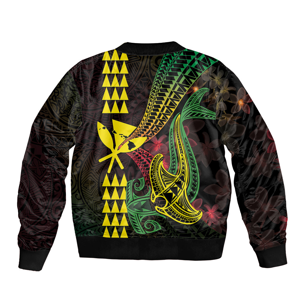 Hawaii Kakau Hammerhead Shark Sleeve Zip Bomber Jacket Neon Plumeria Pattern