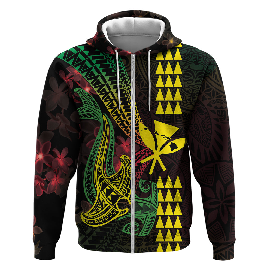 Hawaii Kakau Hammerhead Shark Zip Hoodie Neon Plumeria Pattern LT01 Zip Hoodie Black - Polynesian Pride