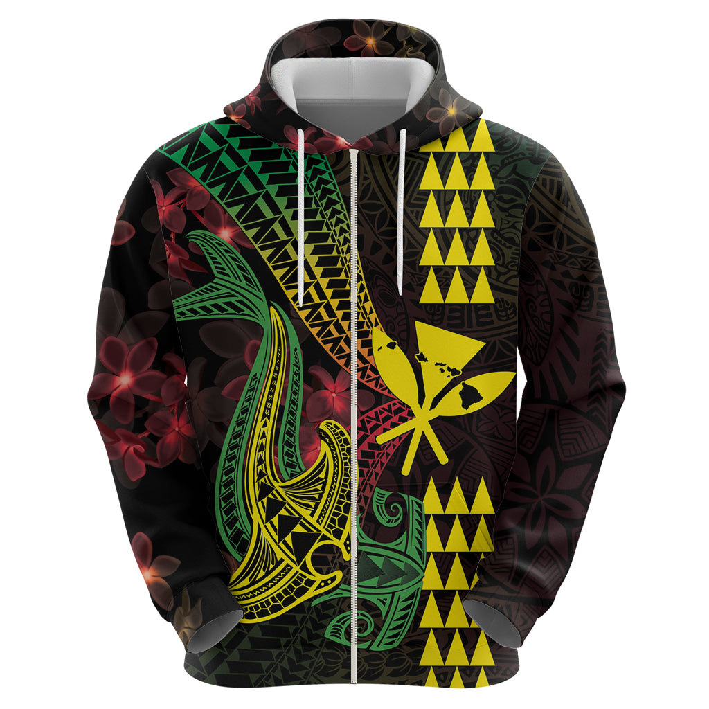 Hawaii Kakau Hammerhead Shark Zip Hoodie Neon Plumeria Pattern LT01 - Polynesian Pride
