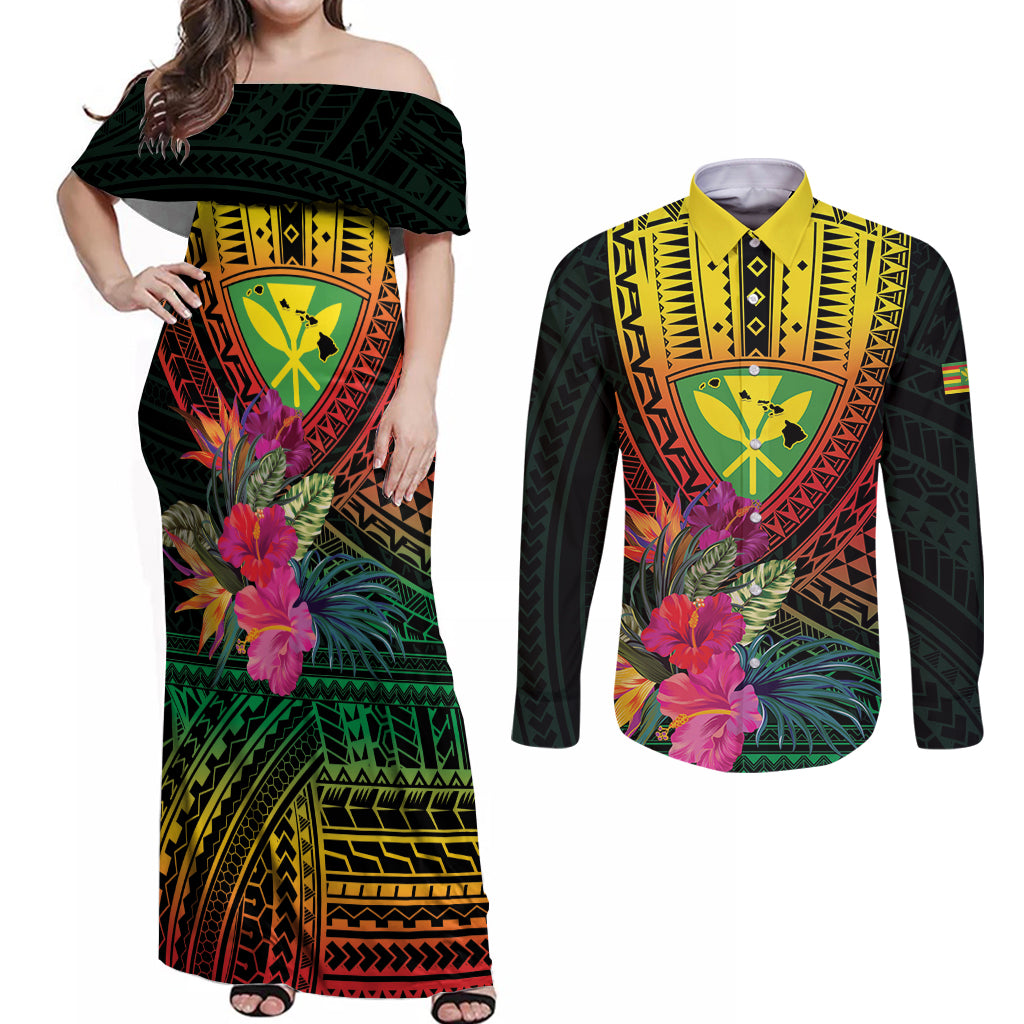 Hawaii Kanaka Maoli Flag Day Couples Matching Off Shoulder Maxi Dress and Long Sleeve Button Shirt Tropical Flowers