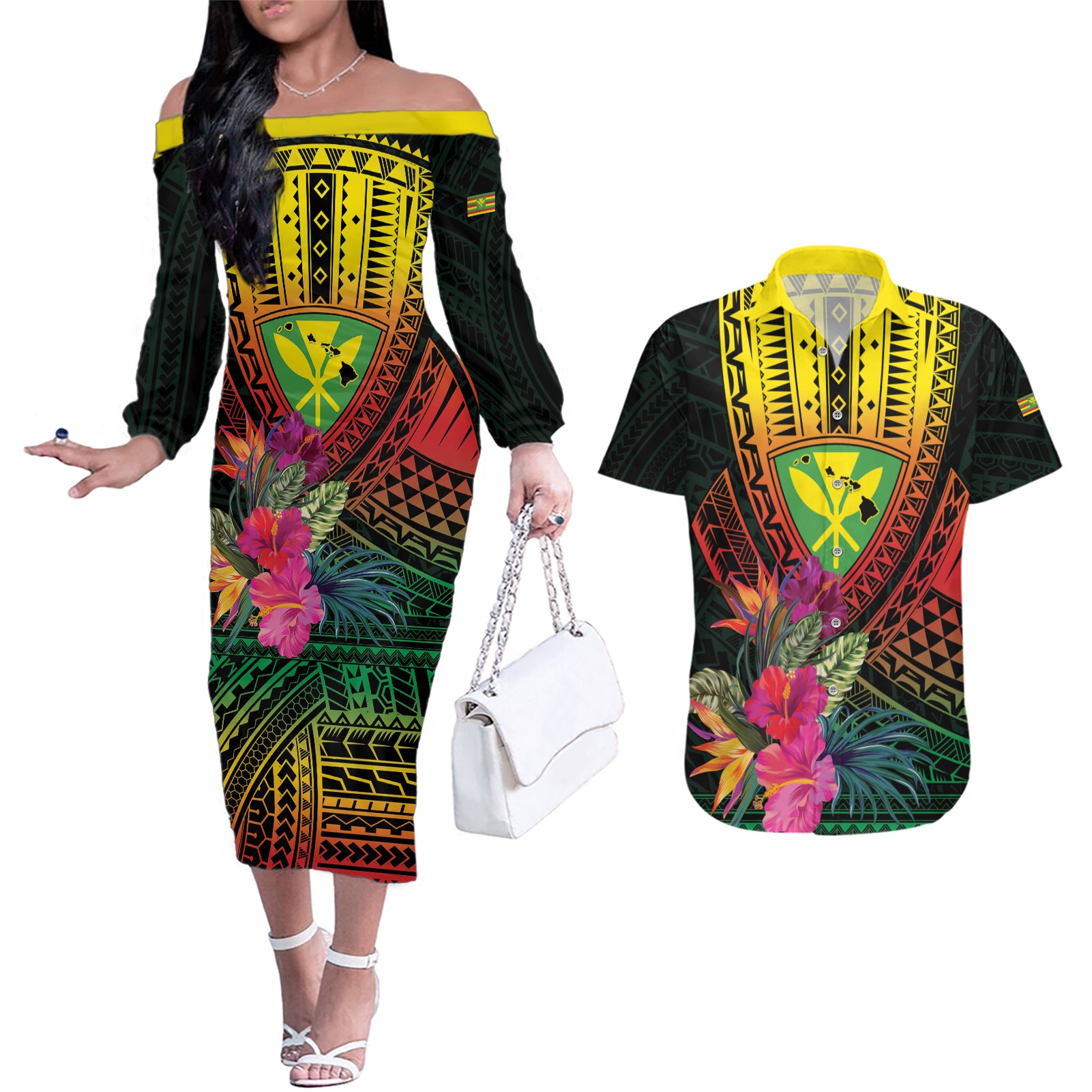Hawaii Kanaka Maoli Flag Day Couples Matching Off The Shoulder Long Sleeve Dress and Hawaiian Shirt Tropical Flowers