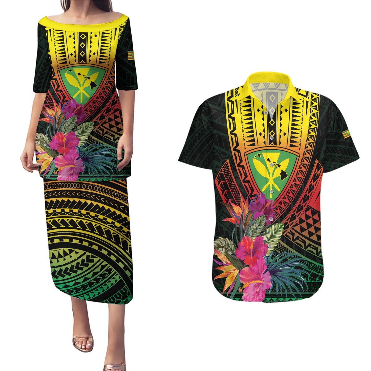 Hawaii Kanaka Maoli Flag Day Couples Matching Puletasi and Hawaiian Shirt Tropical Flowers LT01 Black - Polynesian Pride