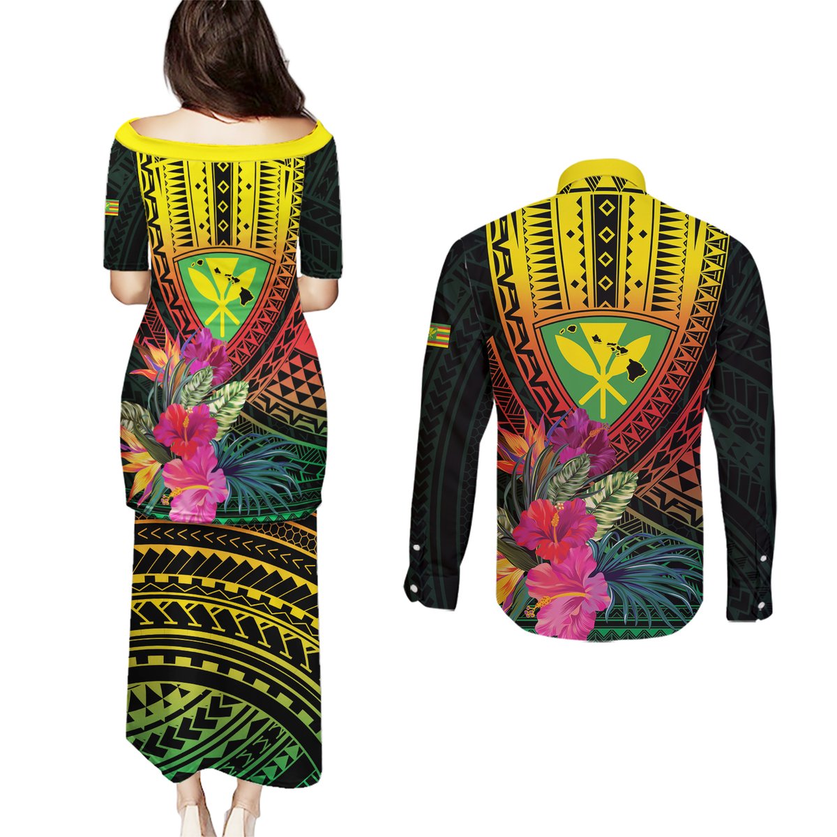 Hawaii Kanaka Maoli Flag Day Couples Matching Puletasi and Long Sleeve Button Shirt Tropical Flowers LT01 - Polynesian Pride