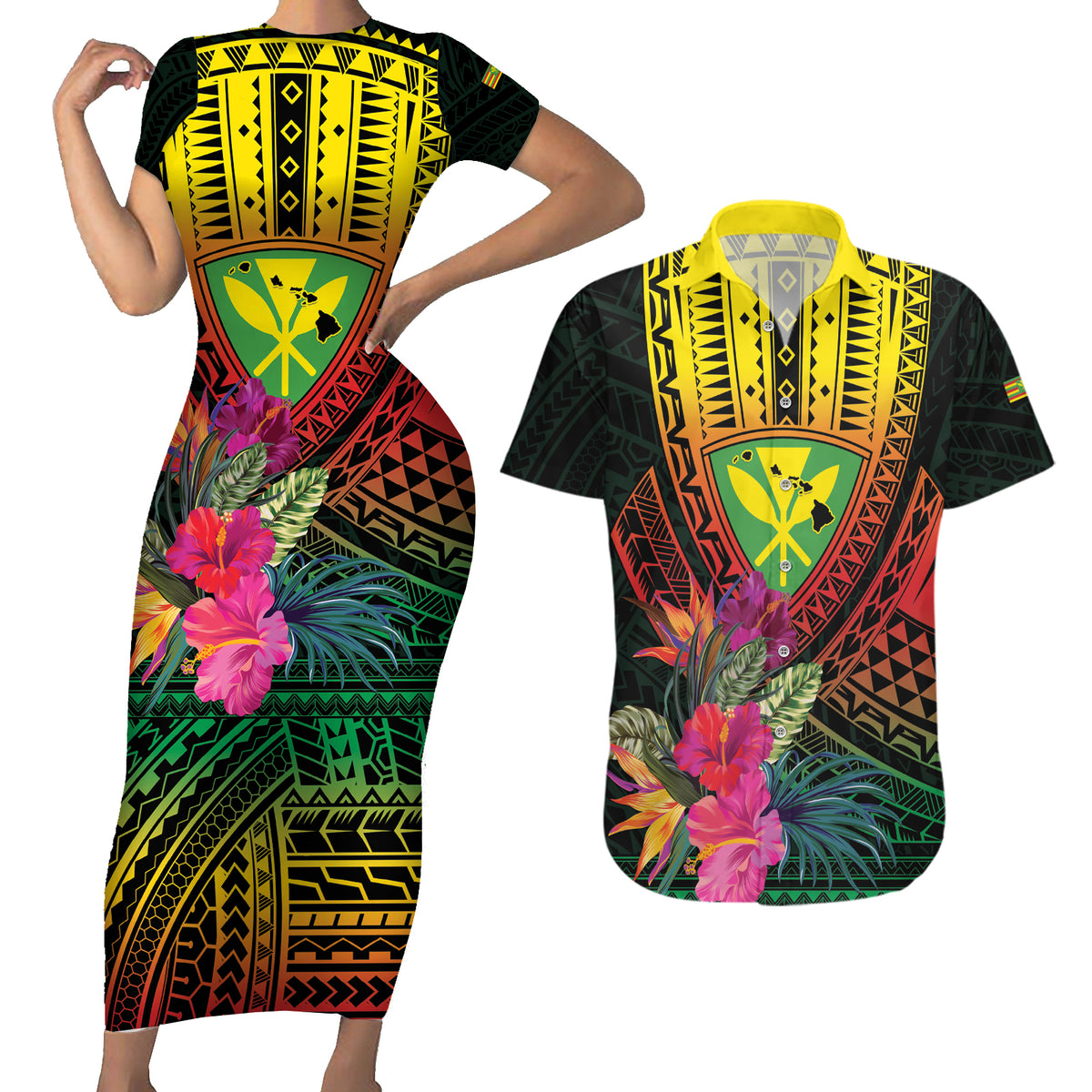 Hawaii Kanaka Maoli Flag Day Couples Matching Short Sleeve Bodycon Dress and Hawaiian Shirt Tropical Flowers LT01 Black - Polynesian Pride