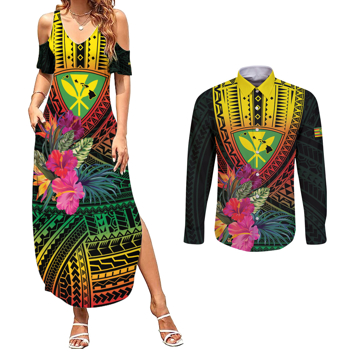 Hawaii Kanaka Maoli Flag Day Couples Matching Summer Maxi Dress and Long Sleeve Button Shirt Tropical Flowers