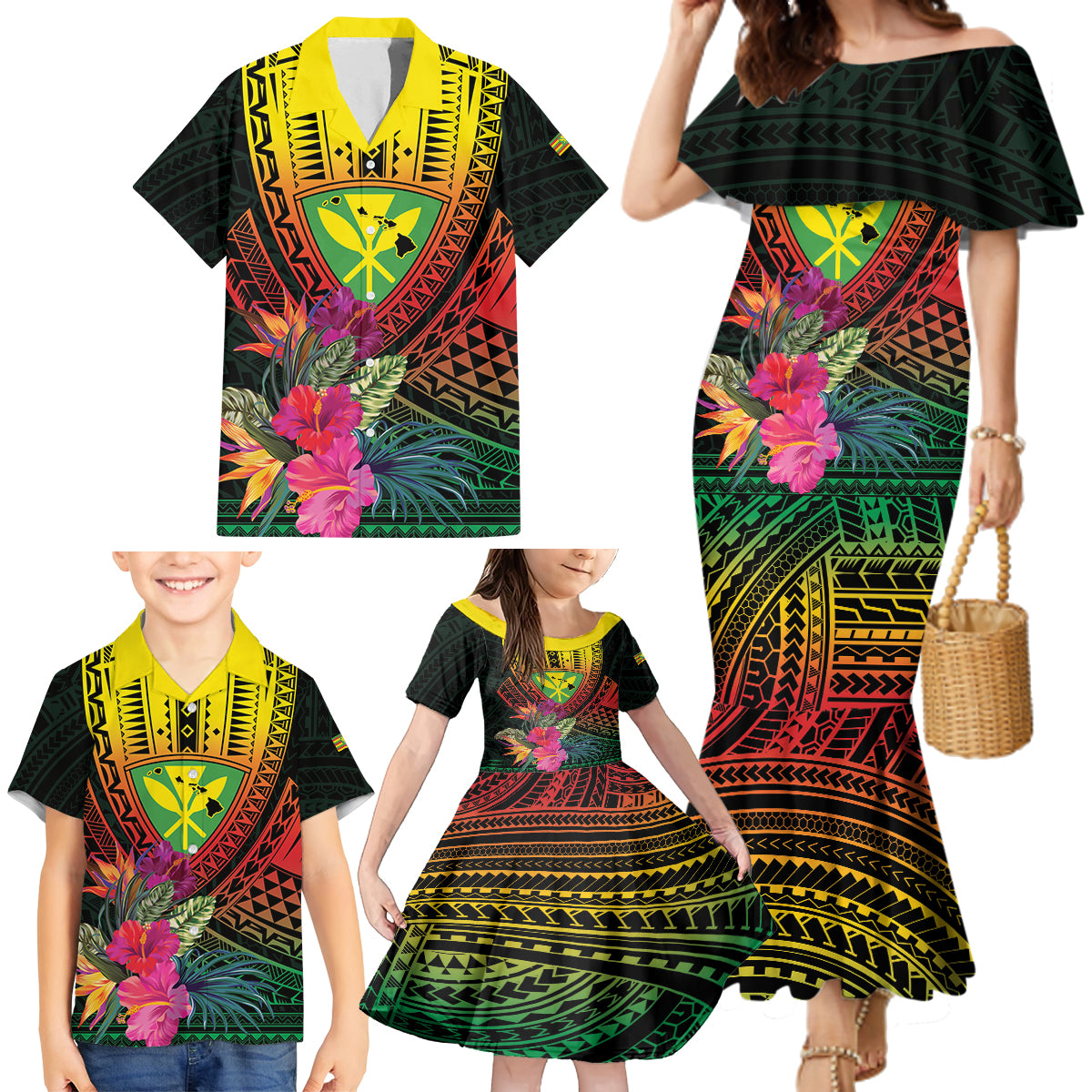 Hawaii Kanaka Maoli Flag Day Family Matching Mermaid Dress and Hawaiian Shirt Tropical Flowers LT01 - Polynesian Pride