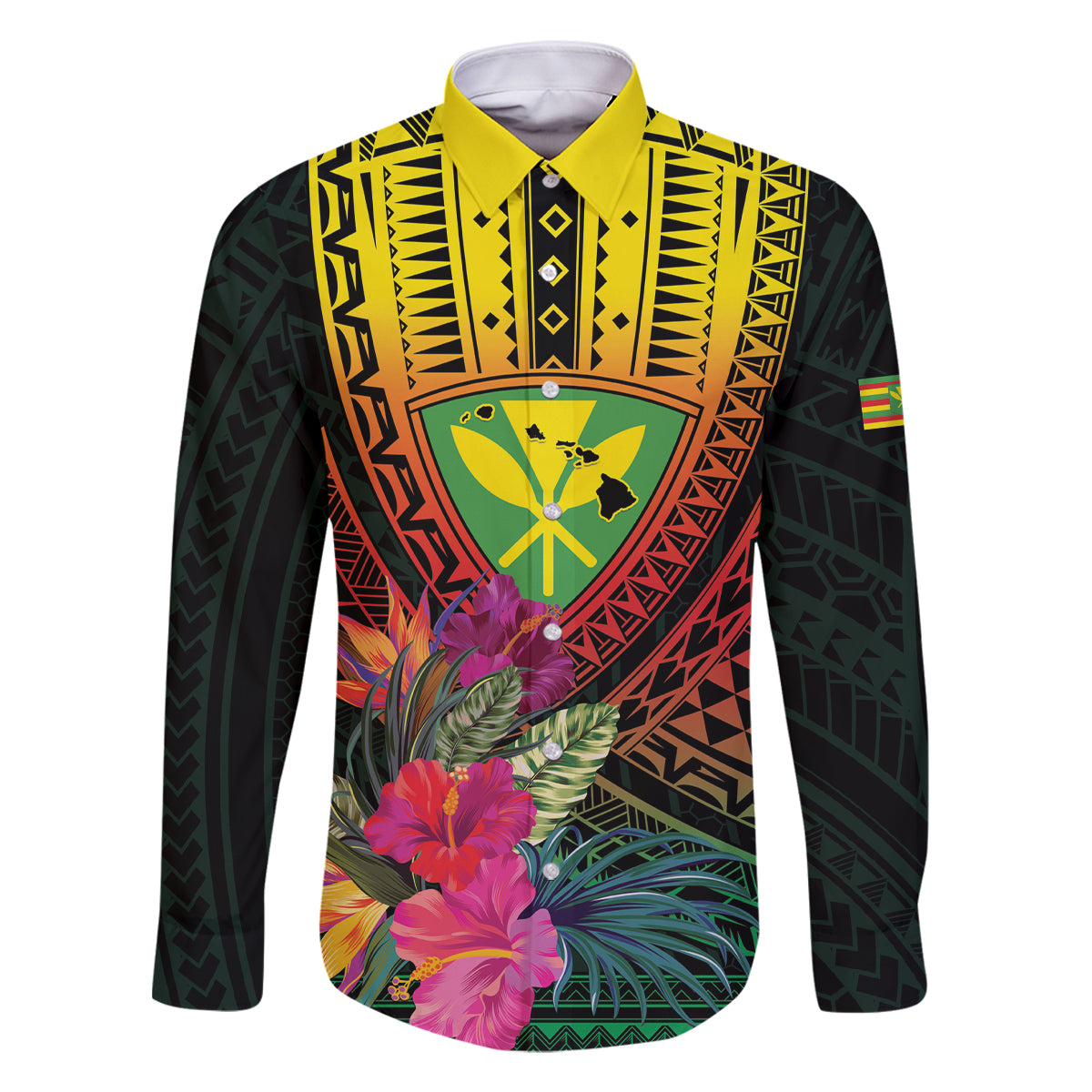 Hawaii Kanaka Maoli Flag Day Family Matching Mermaid Dress and Hawaiian Shirt Tropical Flowers LT01 Dad's Shirt - Long Sleeve Black - Polynesian Pride