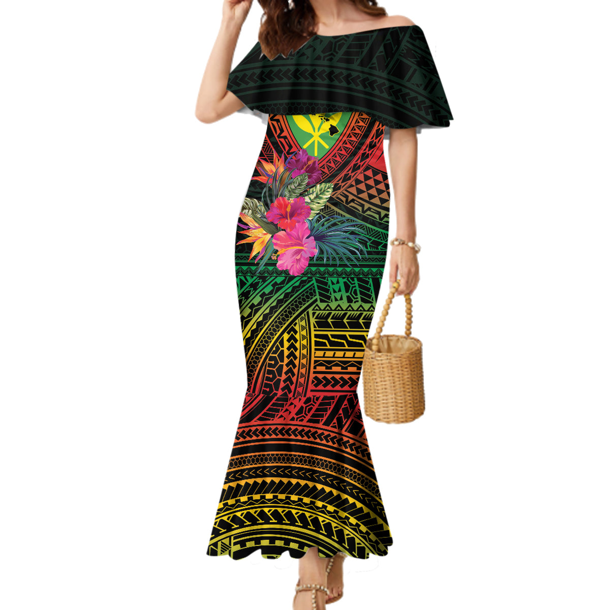 Hawaii Kanaka Maoli Flag Day Family Matching Mermaid Dress and Hawaiian Shirt Tropical Flowers LT01 Mom's Dress Black - Polynesian Pride
