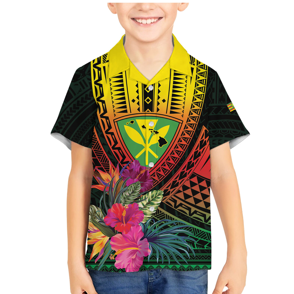 Hawaii Kanaka Maoli Flag Day Family Matching Mermaid Dress and Hawaiian Shirt Tropical Flowers LT01 Son's Shirt Black - Polynesian Pride