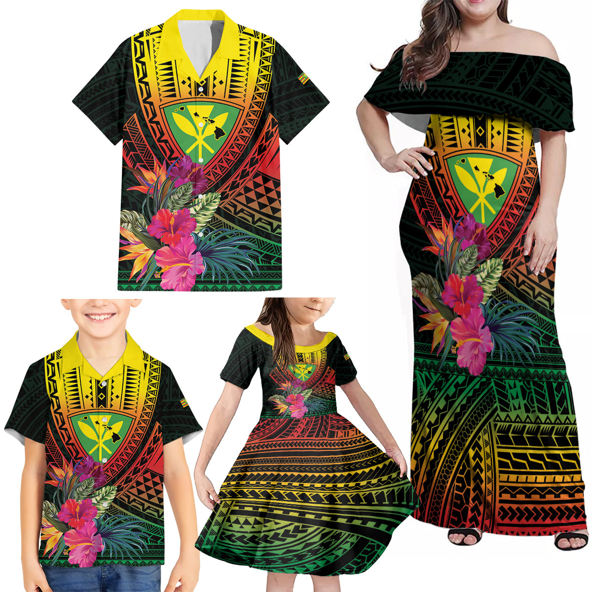 Hawaii Kanaka Maoli Flag Day Family Matching Off Shoulder Maxi Dress and Hawaiian Shirt Tropical Flowers LT01 - Polynesian Pride