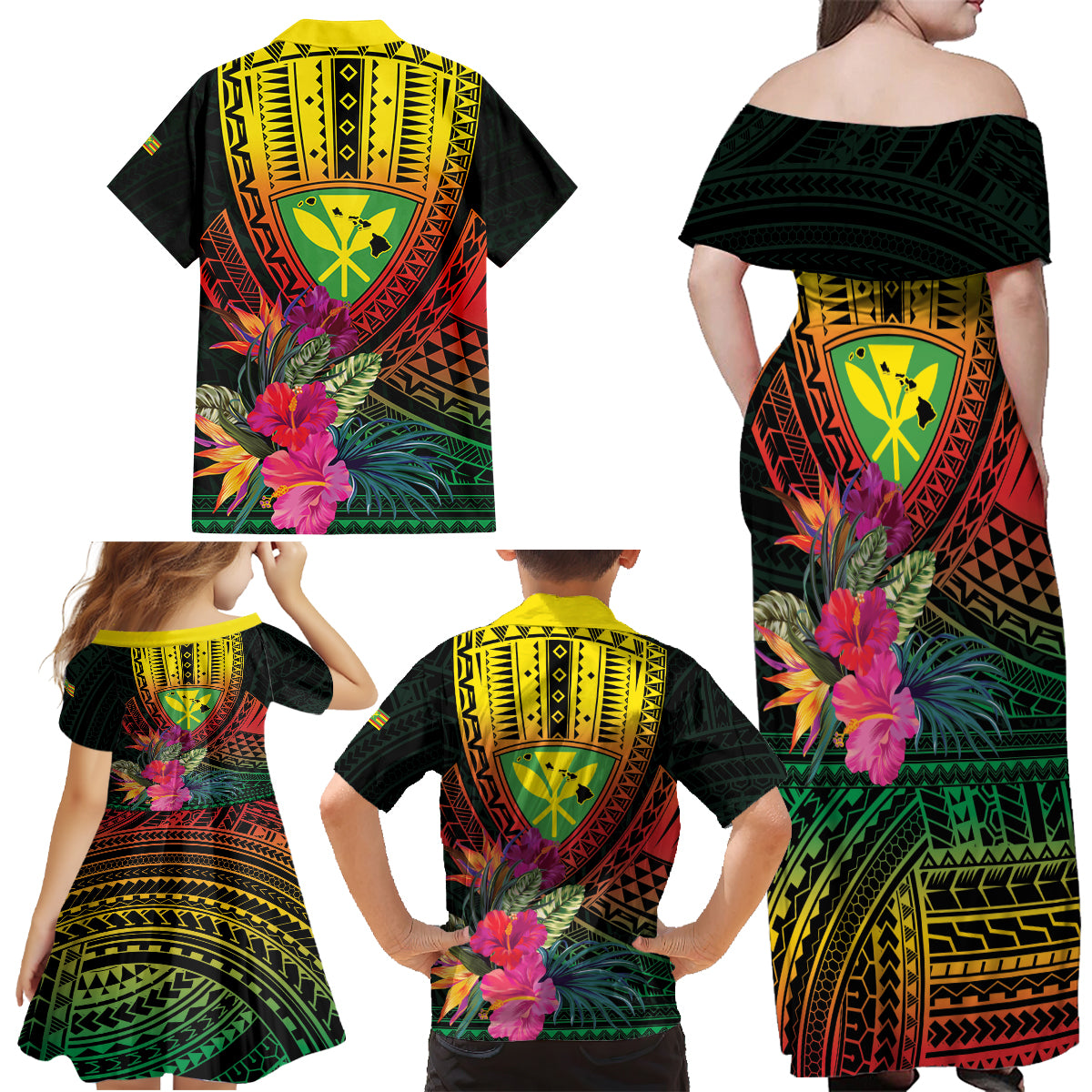 Hawaii Kanaka Maoli Flag Day Family Matching Off Shoulder Maxi Dress and Hawaiian Shirt Tropical Flowers LT01 - Polynesian Pride