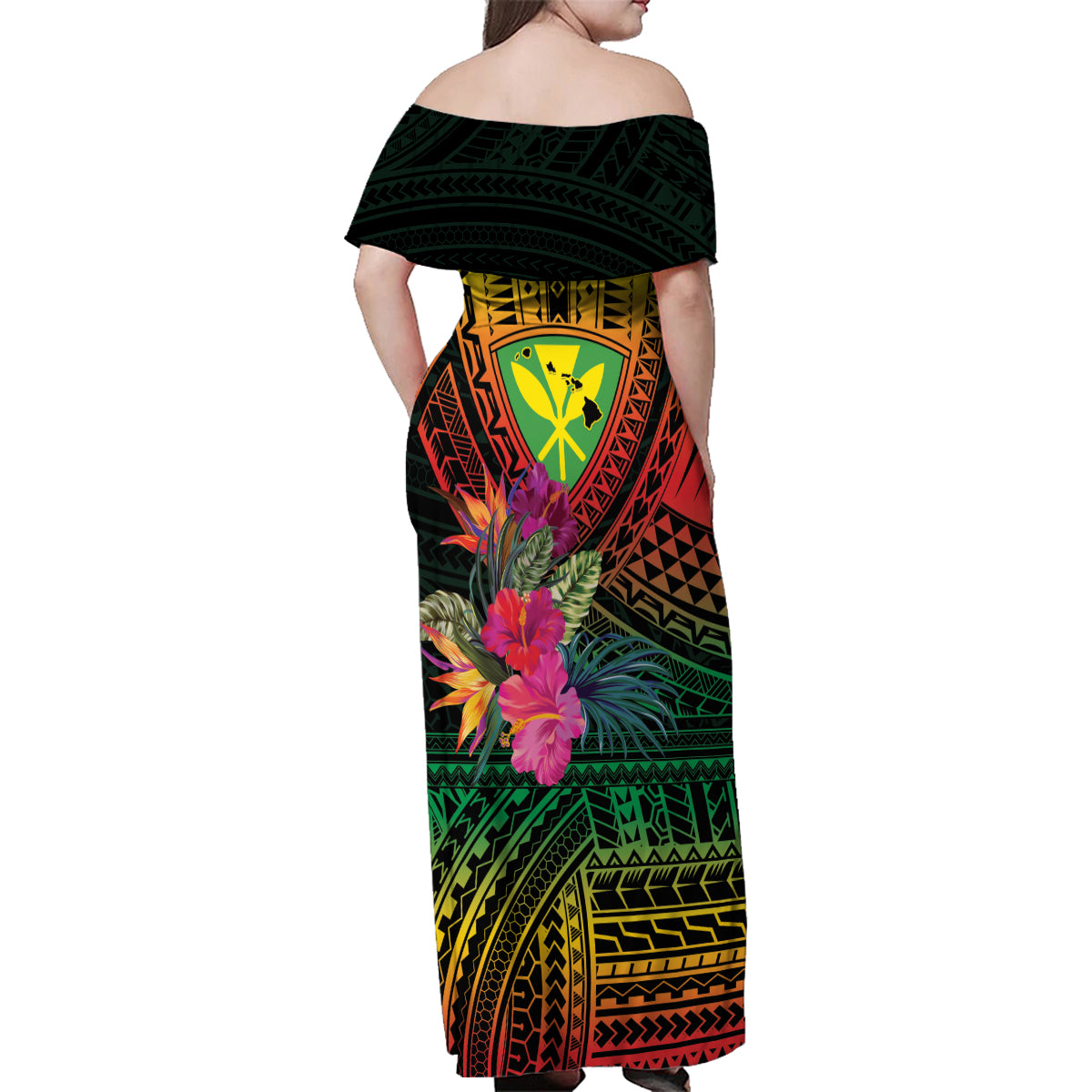 Hawaii Kanaka Maoli Flag Day Family Matching Off Shoulder Maxi Dress and Hawaiian Shirt Tropical Flowers LT01 - Polynesian Pride