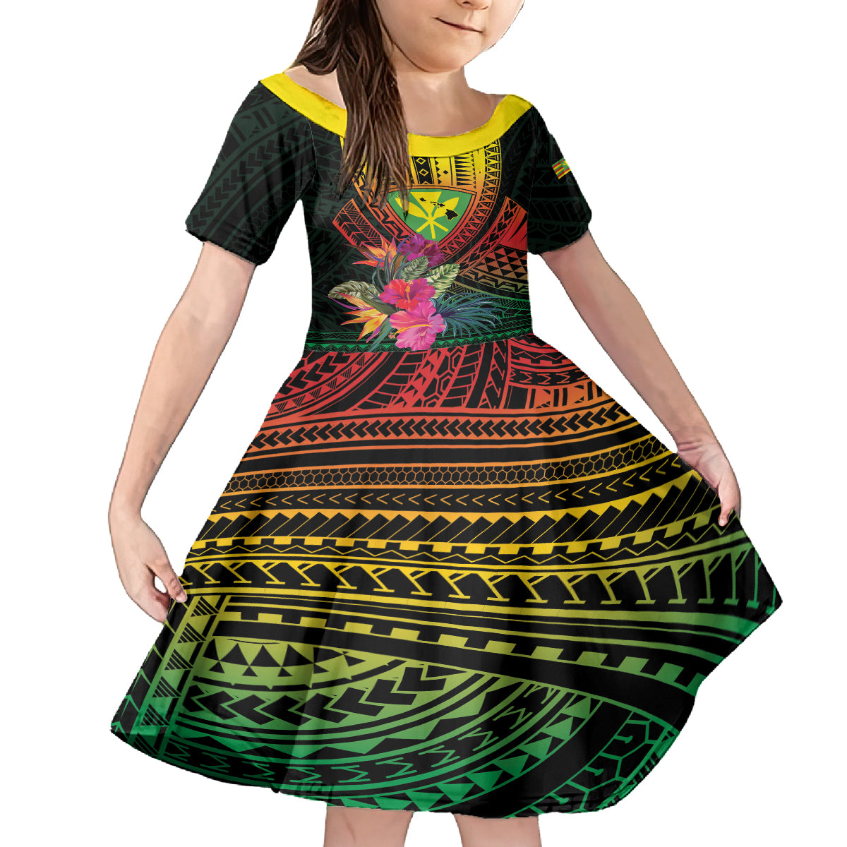 Hawaii Kanaka Maoli Flag Day Family Matching Puletasi and Hawaiian Shirt Tropical Flowers LT01 Daughter's Dress Black - Polynesian Pride