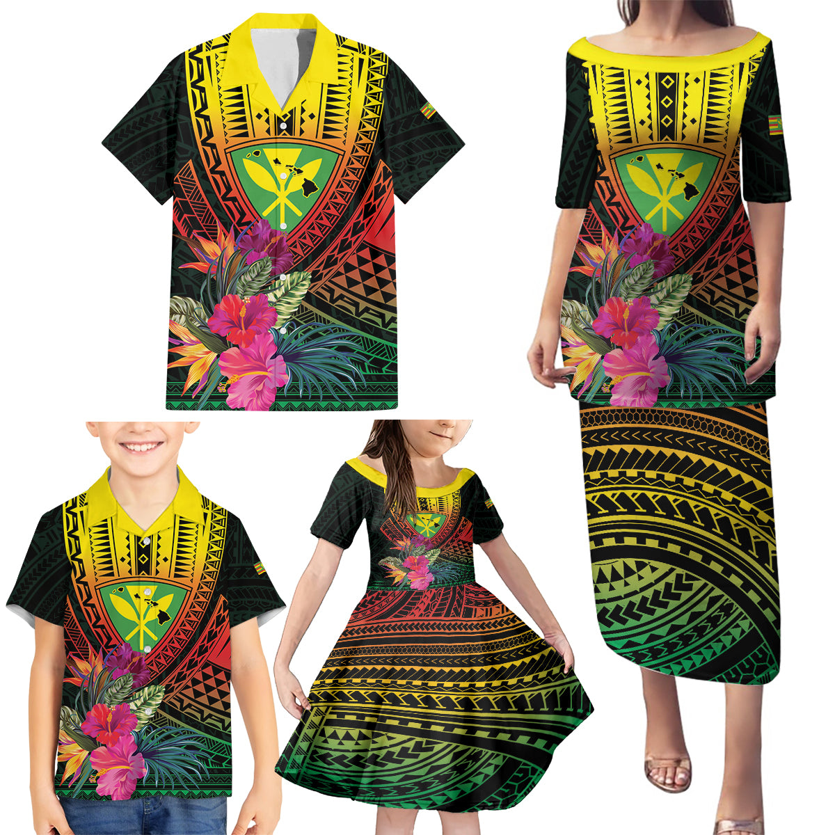 Hawaii Kanaka Maoli Flag Day Family Matching Puletasi and Hawaiian Shirt Tropical Flowers LT01 - Polynesian Pride