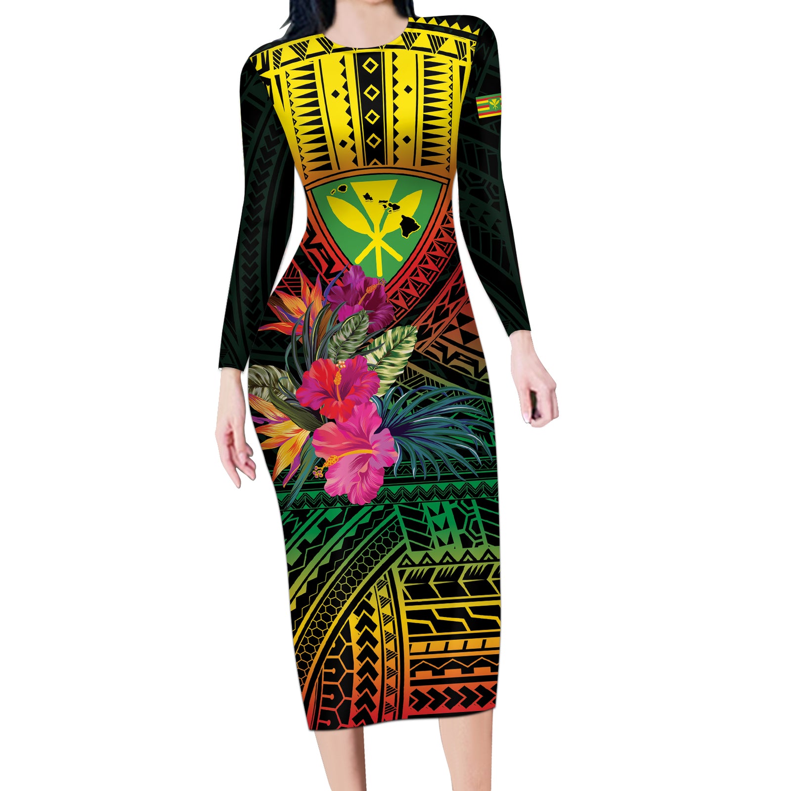 Hawaii Kanaka Maoli Flag Day Long Sleeve Bodycon Dress Tropical Flowers