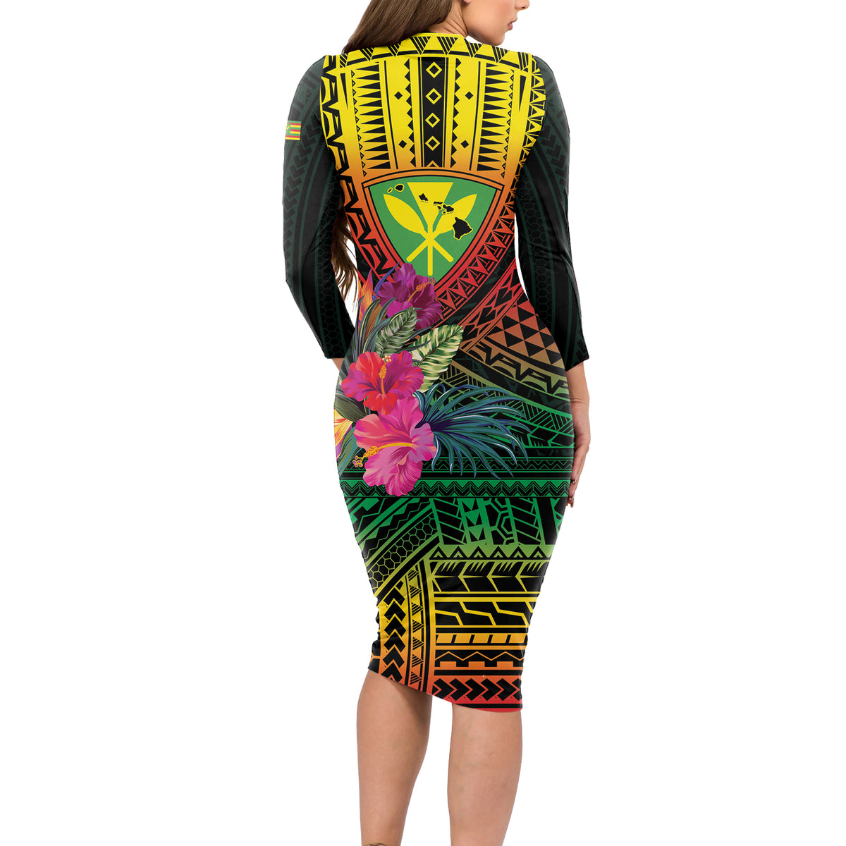 Hawaii Kanaka Maoli Flag Day Long Sleeve Bodycon Dress Tropical Flowers LT01 - Polynesian Pride
