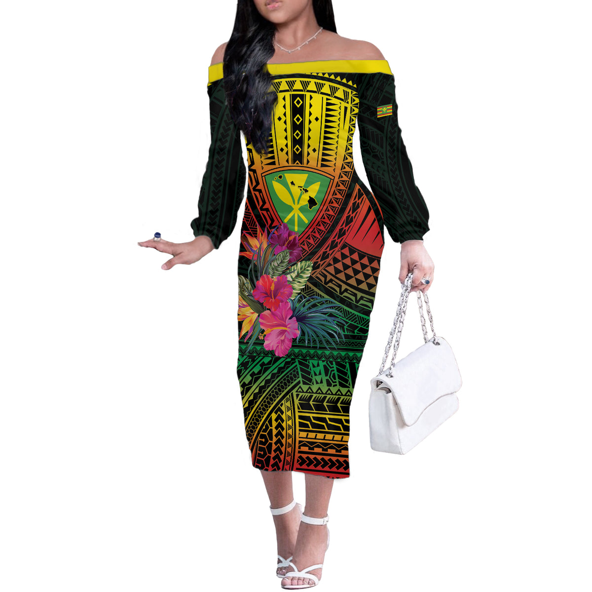 Hawaii Kanaka Maoli Flag Day Off The Shoulder Long Sleeve Dress Tropical Flowers LT01 Women Black - Polynesian Pride