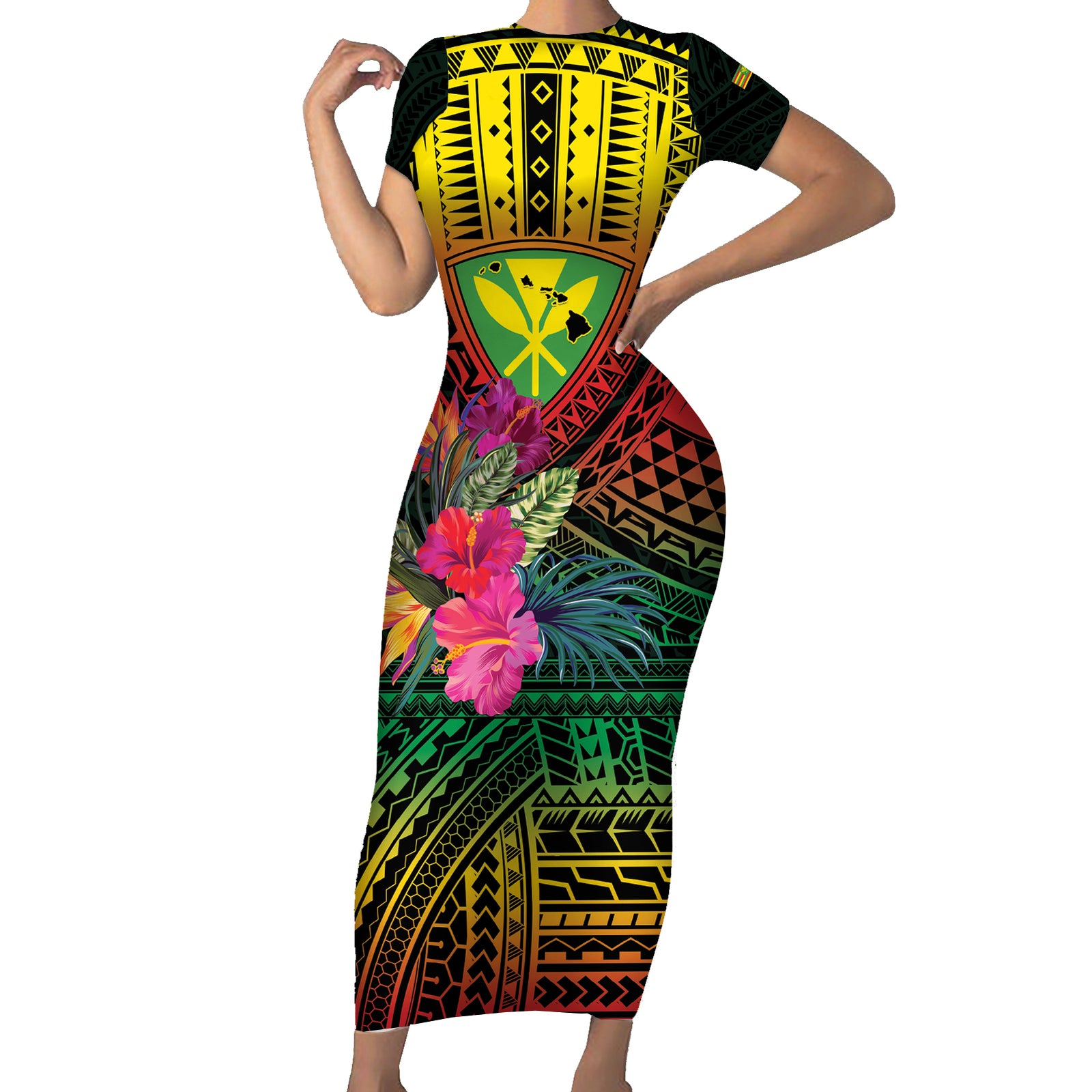 Hawaii Kanaka Maoli Flag Day Short Sleeve Bodycon Dress Tropical Flowers