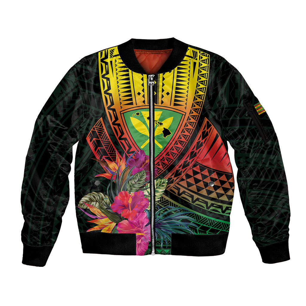 Hawaii Kanaka Maoli Flag Day Sleeve Zip Bomber Jacket Tropical Flowers