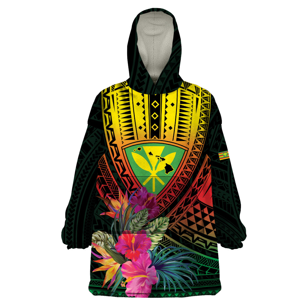 Hawaii Kanaka Maoli Flag Day Wearable Blanket Hoodie Tropical Flowers LT01 One Size Black - Polynesian Pride