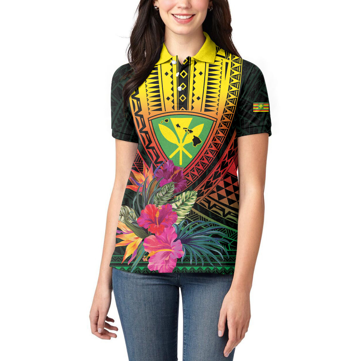 Hawaii Kanaka Maoli Flag Day Women Polo Shirt Tropical Flowers