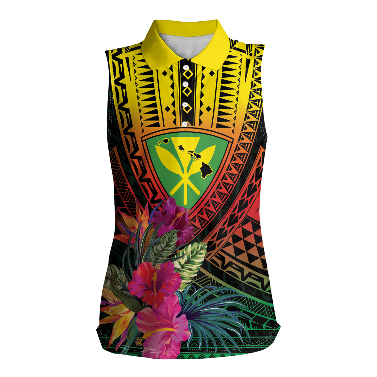Hawaii Kanaka Maoli Flag Day Women Sleeveless Polo Shirt Tropical Flowers LT01 Female Black - Polynesian Pride