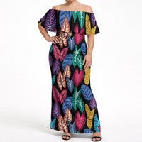 Hawaii Colorful Tropical Leaves Off Shoulder Maxi Dress LT01 Women Black - Polynesian Pride