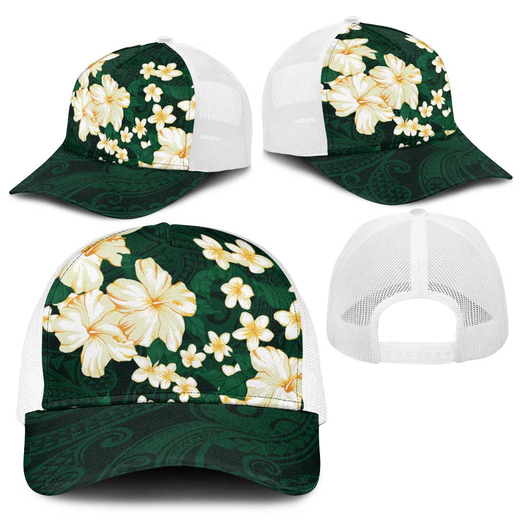 Hawaii Hibiscus Plumeria Green Baseball Net Cap Polynesian Pattern LT01 - Polynesian Pride