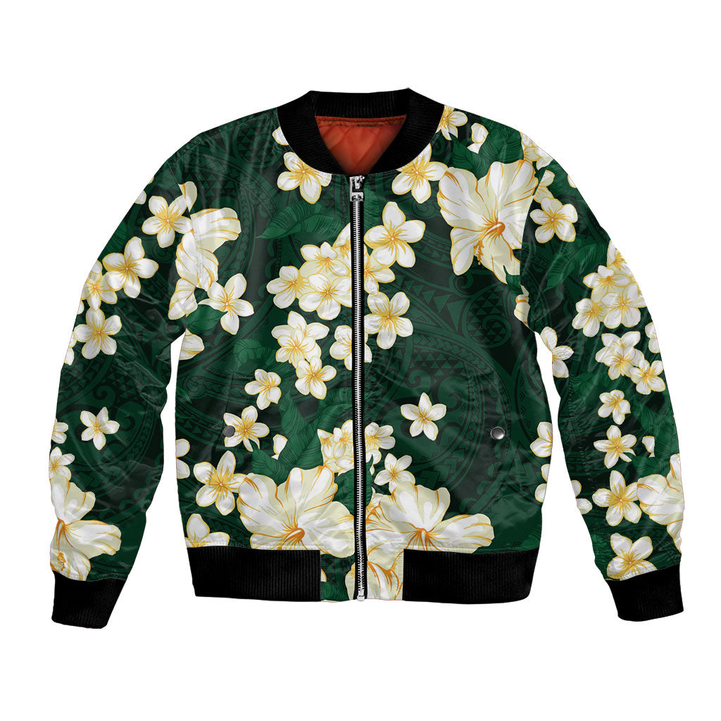 Hawaii Hibiscus Plumeria Green Bomber Jacket Polynesian Pattern LT01 Unisex Green - Polynesian Pride