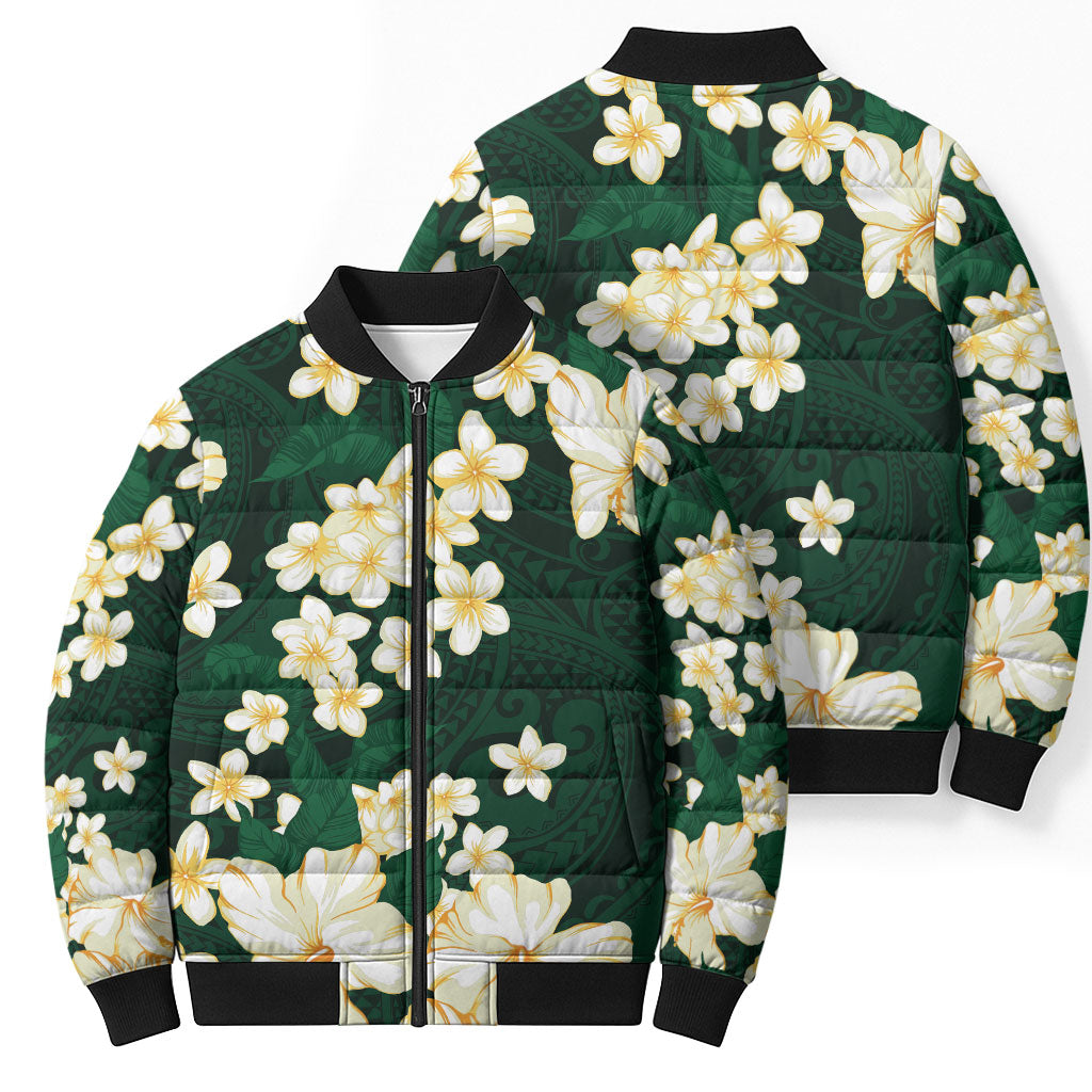 Hawaii Hibiscus Plumeria Green Bomber Puffer Jacket Polynesian Pattern LT01 - Polynesian Pride