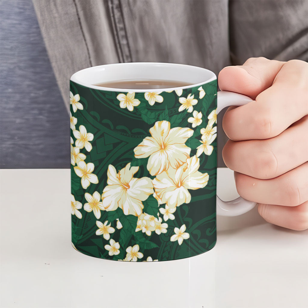 Hawaii Hibiscus Plumeria Green Ceramic Mug Polynesian Pattern LT01 - Polynesian Pride