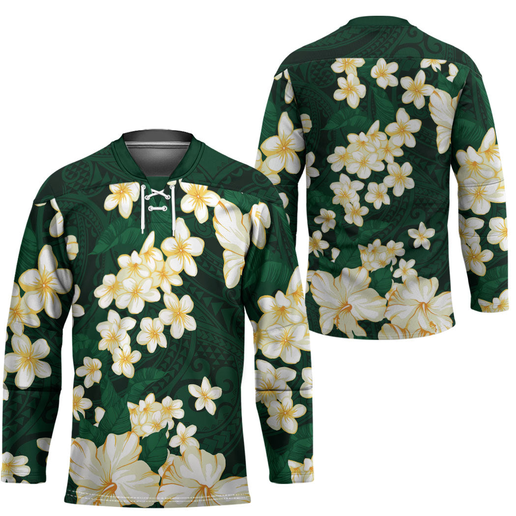 Hawaii Hibiscus Plumeria Green Hockey Jersey Polynesian Pattern LT01 - Polynesian Pride