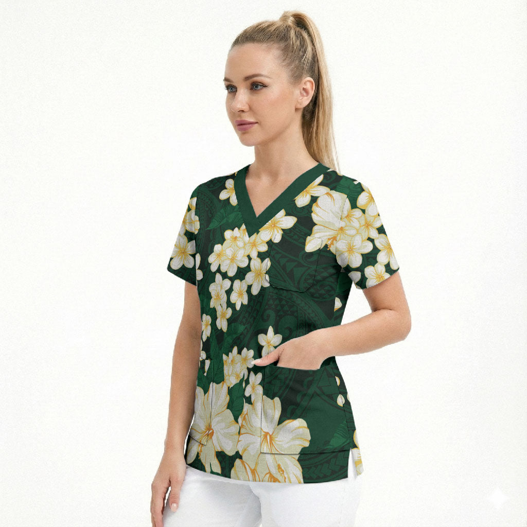 Hawaii Hibiscus Plumeria Green Scrub Top Polynesian Pattern LT01 - Polynesian Pride
