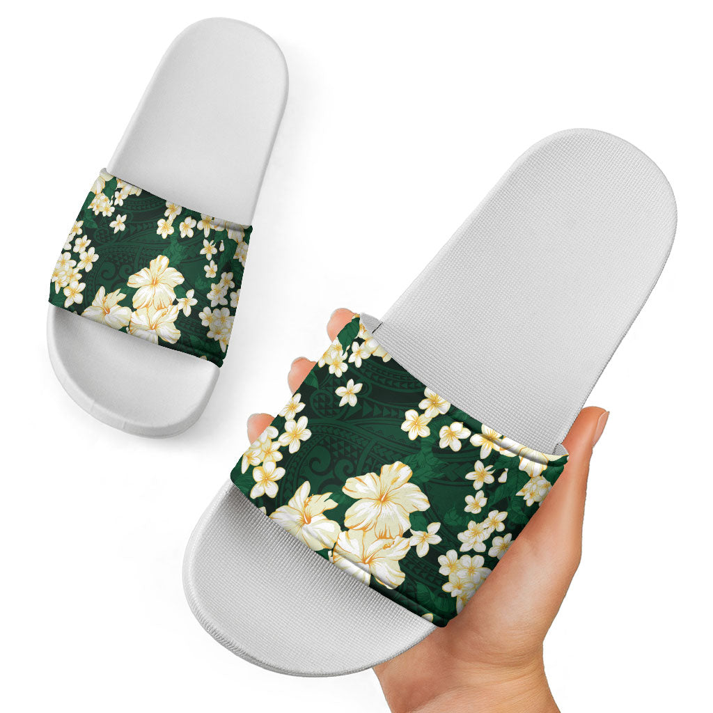 Hawaii Hibiscus Plumeria Green Slide Sandals Polynesian Pattern LT01 - Polynesian Pride