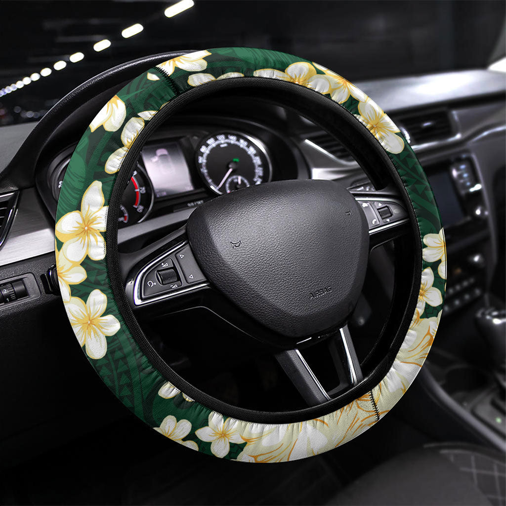 Hawaii Hibiscus Plumeria Green Steering Wheel Cover Polynesian Pattern LT01 Universal Fit Green - Polynesian Pride