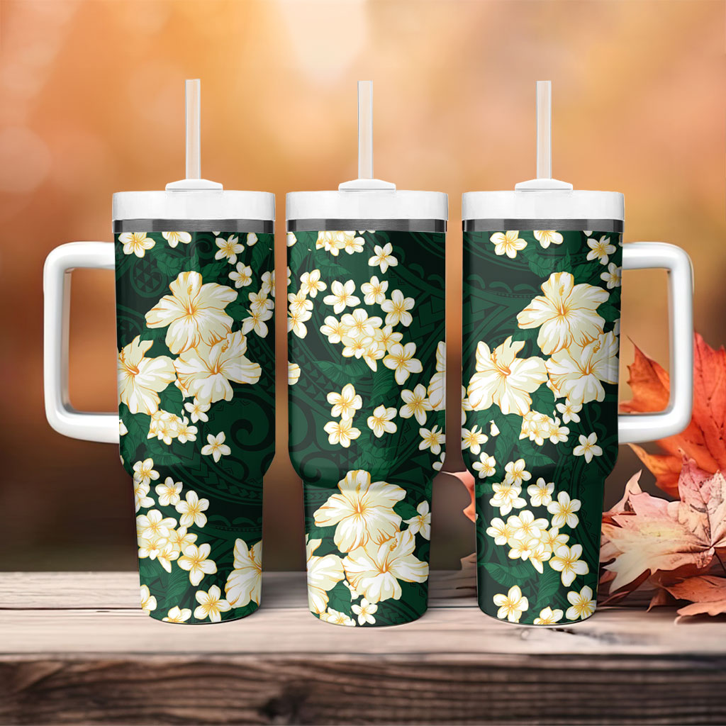 Hawaii Hibiscus Plumeria Green Tumbler With Handle Polynesian Pattern LT01 - Polynesian Pride