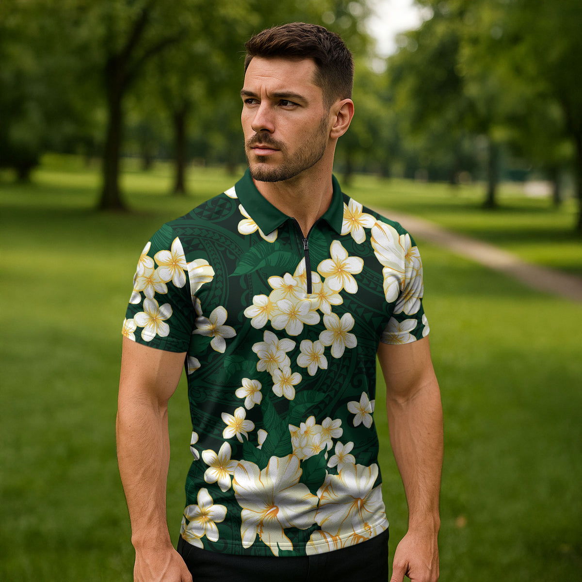 Hawaii Hibiscus Plumeria Green Zipper Polo Shirt Polynesian Pattern LT01 - Polynesian Pride