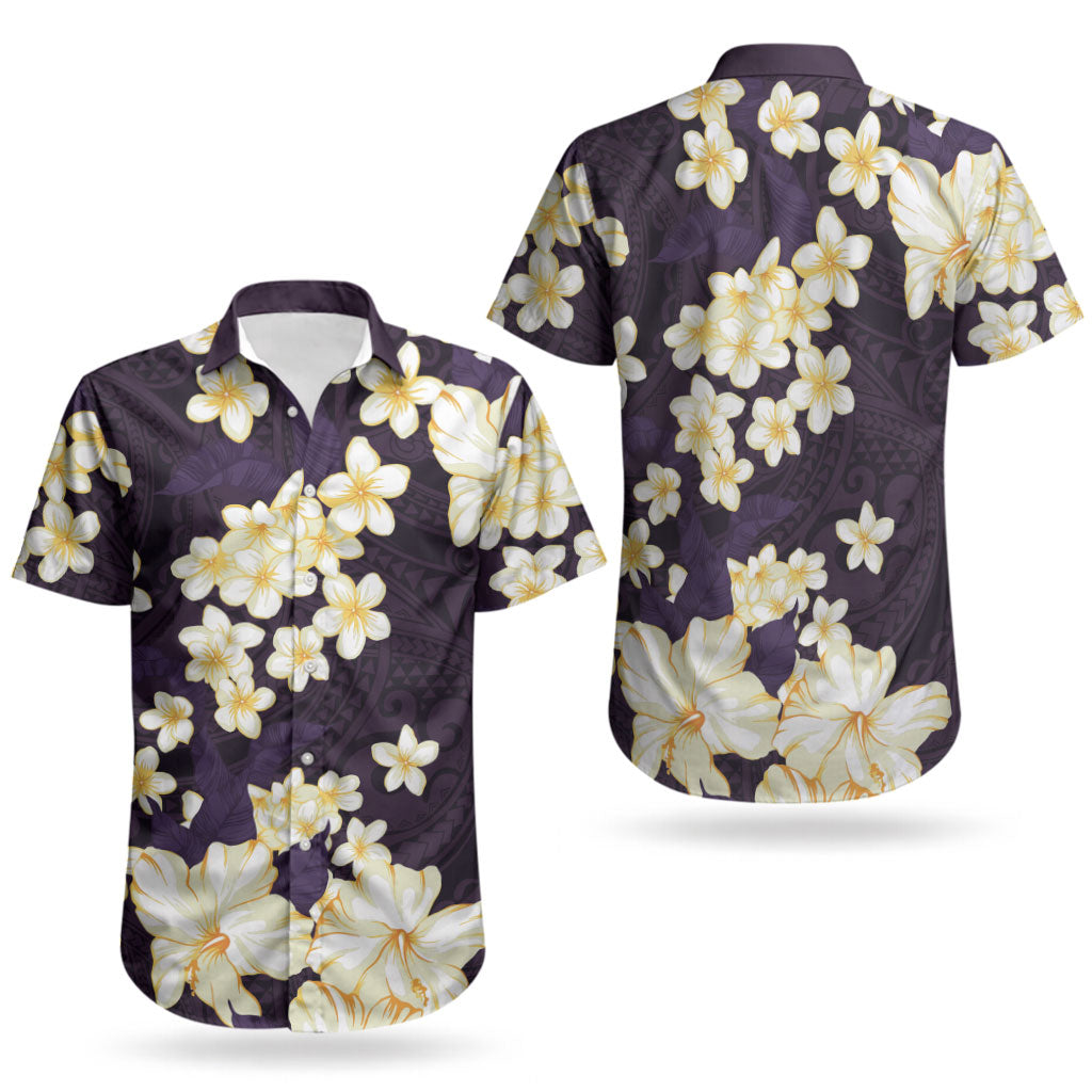 Hawaii Hibiscus Plumeria Purple Couples Matching Off Shoulder Maxi Dress and Hawaiian Shirt Polynesian Pattern LT01 - Polynesian Pride