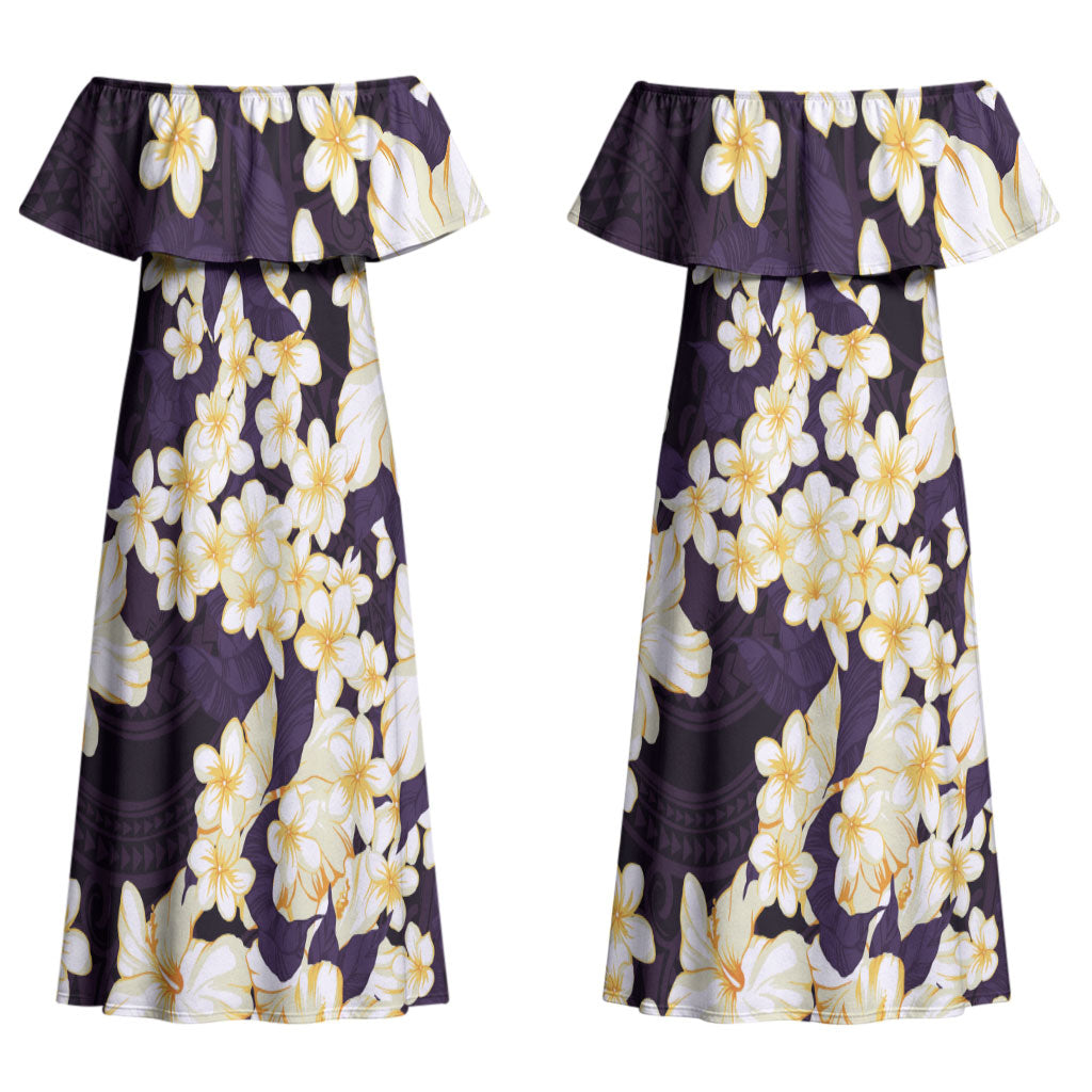 Hawaii Hibiscus Plumeria Purple Couples Matching Off Shoulder Maxi Dress and Hawaiian Shirt Polynesian Pattern LT01 - Polynesian Pride