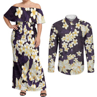 Hawaii Hibiscus Plumeria Purple Couples Matching Off Shoulder Maxi Dress and Long Sleeve Button Shirt Polynesian Pattern LT01 Purple - Polynesian Pride