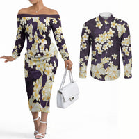 Hawaii Hibiscus Plumeria Purple Couples Matching Off The Shoulder Long Sleeve Dress and Long Sleeve Button Shirt Polynesian Pattern LT01 Purple - Polynesian Pride