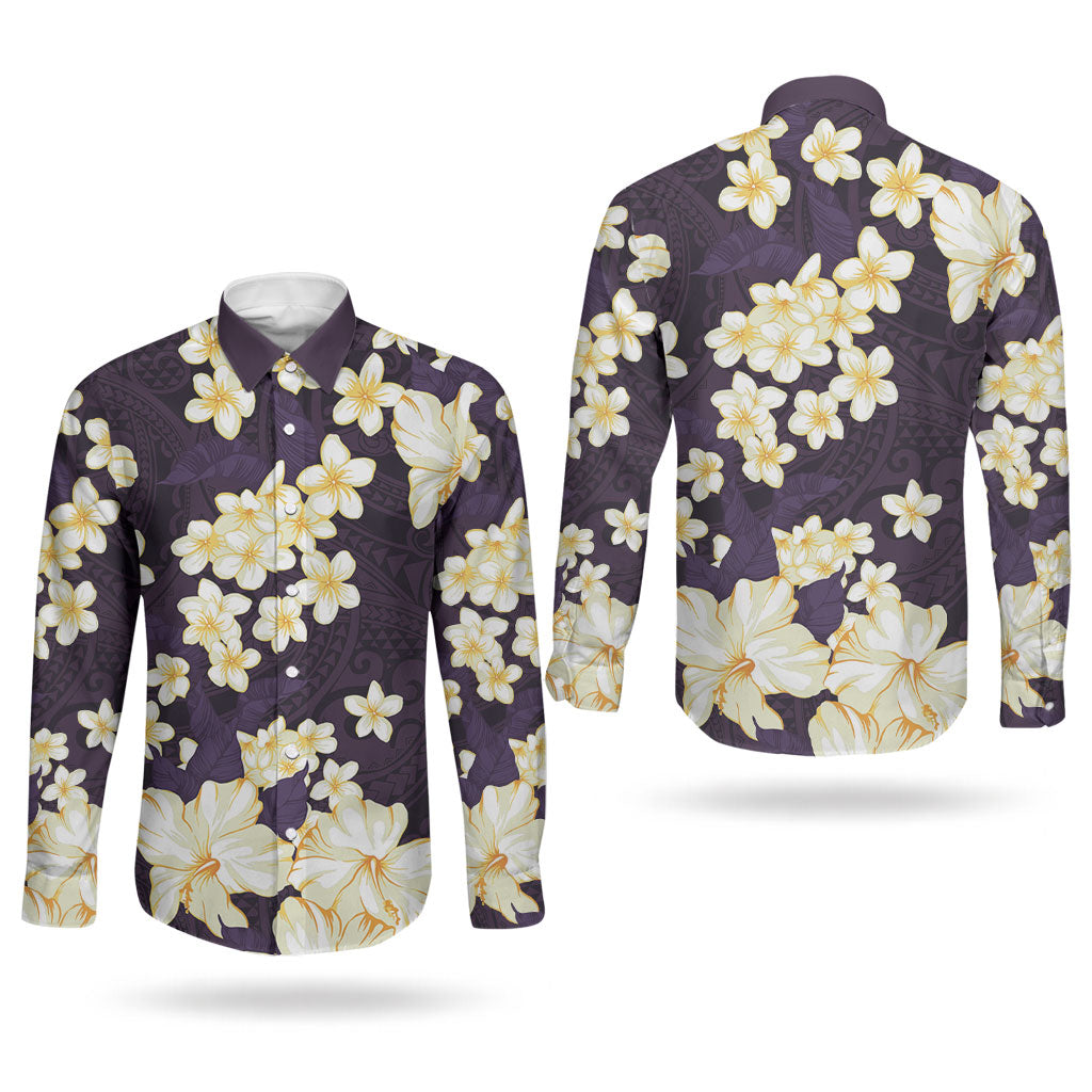 Hawaii Hibiscus Plumeria Purple Couples Matching Off The Shoulder Long Sleeve Dress and Long Sleeve Button Shirt Polynesian Pattern LT01 - Polynesian Pride