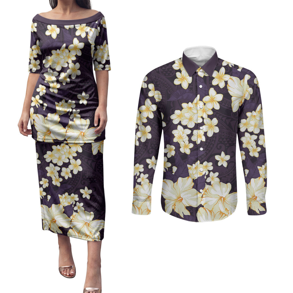 Hawaii Hibiscus Plumeria Purple Couples Matching Puletasi and Long Sleeve Button Shirt Polynesian Pattern LT01 Purple - Polynesian Pride