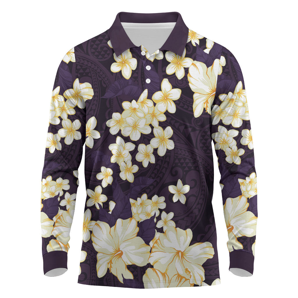 Hawaii Hibiscus Plumeria Purple Long Sleeve Polo Shirt Polynesian Pattern LT01 Purple - Polynesian Pride
