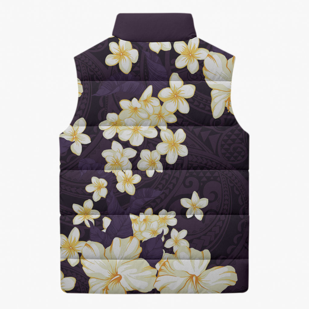Hawaii Hibiscus Plumeria Purple Sleeveless Puffer Jacket Polynesian Pattern LT01 - Polynesian Pride