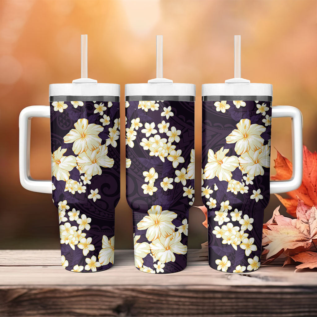 Hawaii Hibiscus Plumeria Purple Tumbler With Handle Polynesian Pattern LT01 - Polynesian Pride