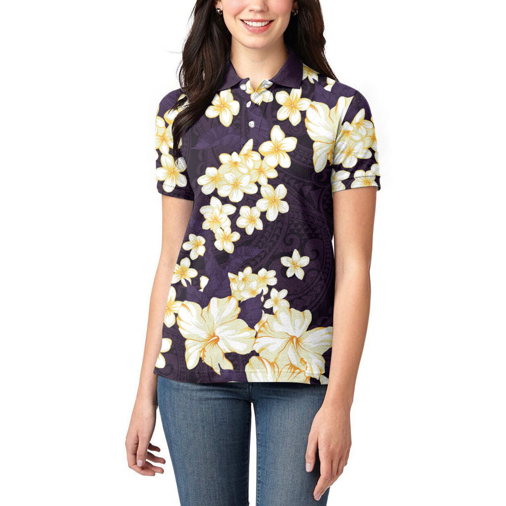 Hawaii Hibiscus Plumeria Purple Women Polo Shirt Polynesian Pattern LT01 - Polynesian Pride