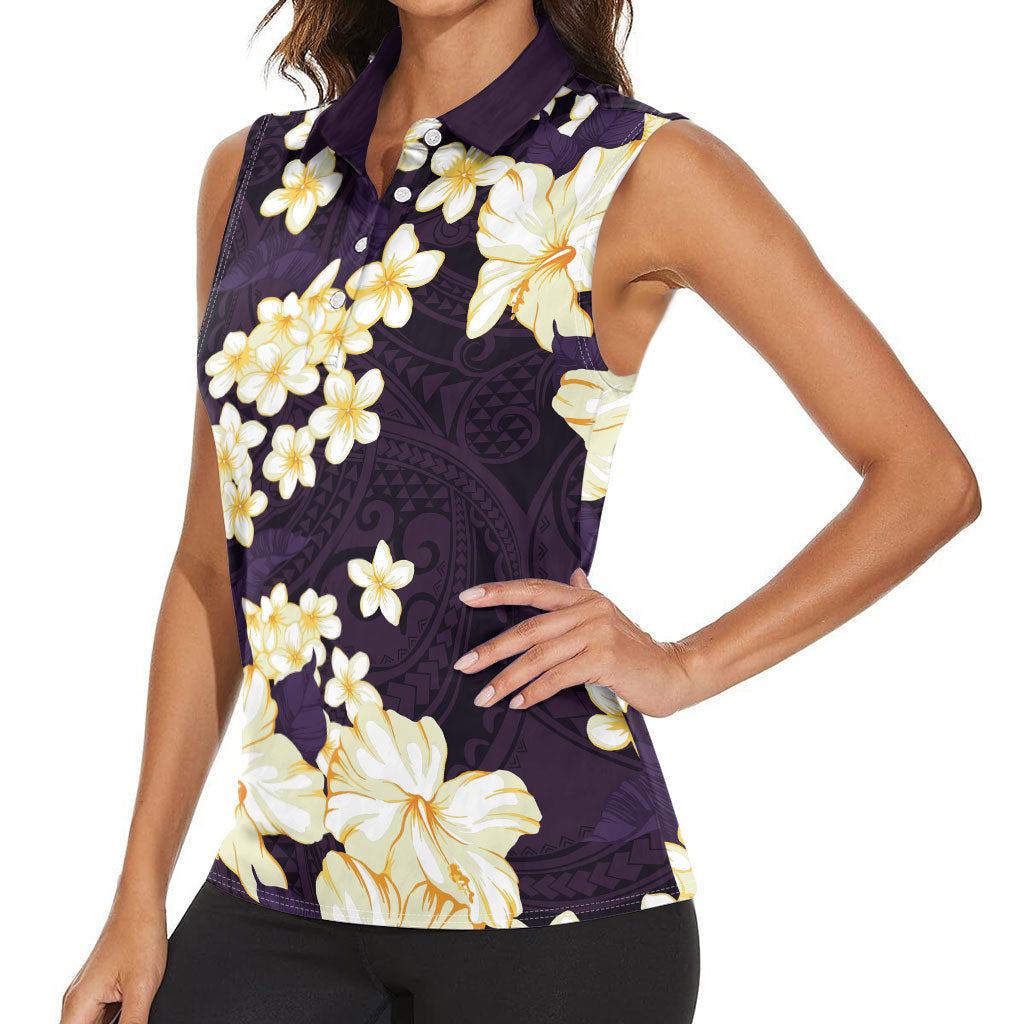 Hawaii Hibiscus Plumeria Purple Women Sleeveless Polo Shirt Polynesian Pattern LT01 - Polynesian Pride