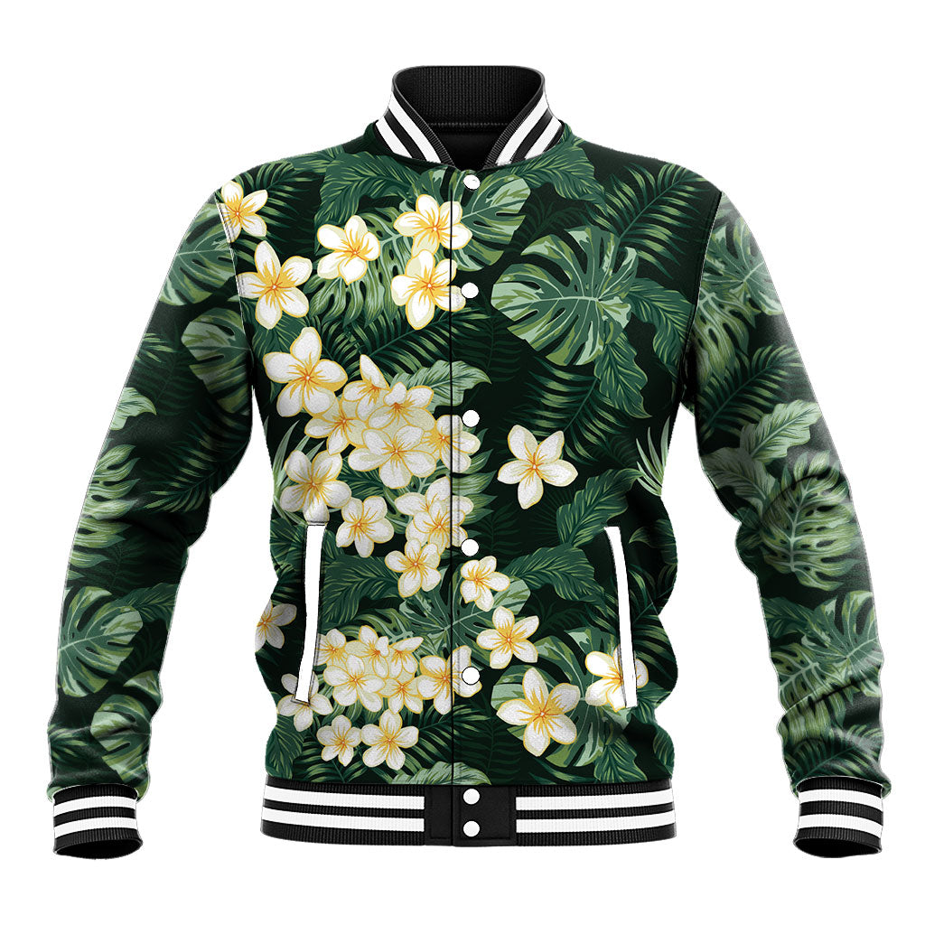 Hawaii Plumeria Tropical Leaves Baseball Jacket Monstera Calathea Palm Fronds LT01 Unisex Green - Polynesian Pride